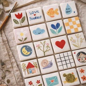 Hand-Painted Ceramic Affirmation Tiles - “Love Yourself” Set (20pc, 2.75")