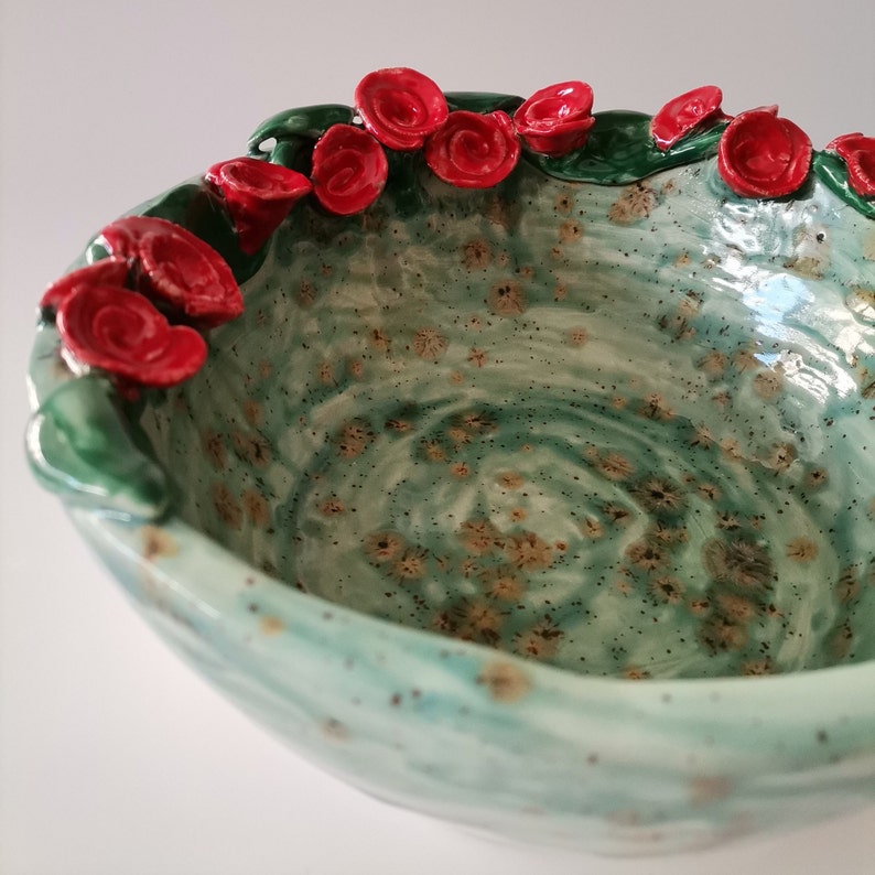 Handmade Ceramic Bowl with Red Roses Perfect Mother's Day Gift, Big Serving Bowl, one-of-a-kind artisanal bowl, functional art image 7