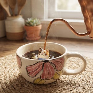 Peut inclure: Une tasse en céramique avec un motif de fleur rose peint à la main et une petite figurine de chat calico en trois dimensions émergeant du centre. Un liquide sombre est versé dans la tasse depuis une bouilloire à col de cygne cuivrée, créant de la vapeur.