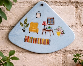 Adorno de pared de cerámica hecho a mano: decoración bohemia (21,8 x 18 cm)