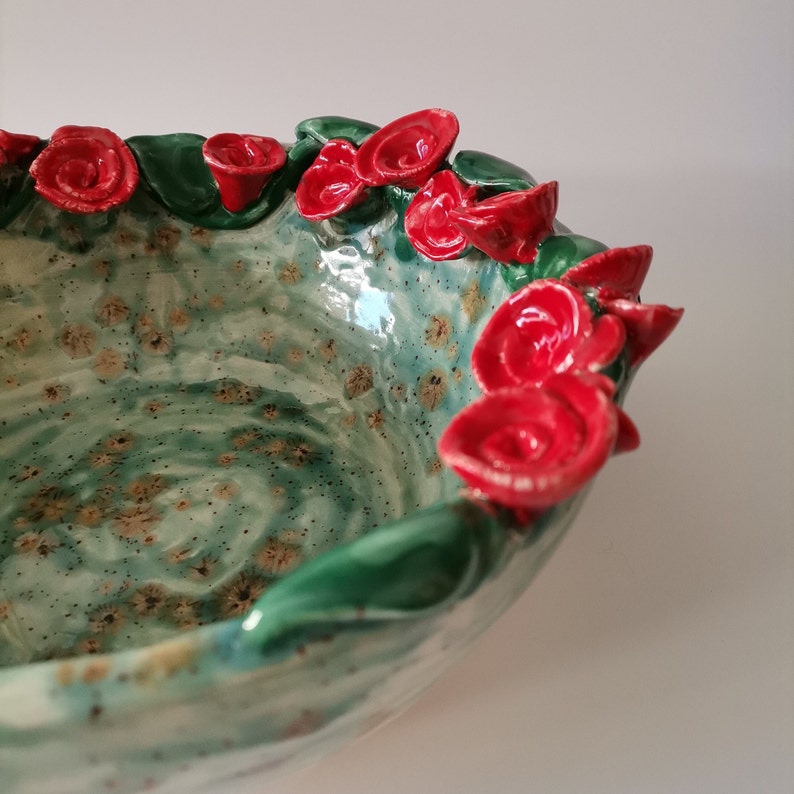 Handmade Ceramic Bowl with Red Roses Perfect Mother's Day Gift, Big Serving Bowl, one-of-a-kind artisanal bowl, functional art image 2