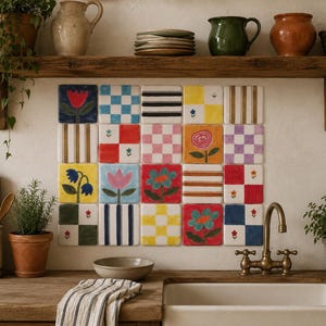 Unique Hand-Painted 7x7 Ceramic Tile Set – 20 Pieces with Floral, Stripes & Checks Patterns
