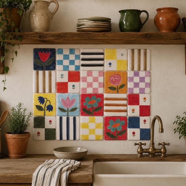 Unique Hand-Painted 7x7 Ceramic Tile Set – 20 Pieces with Floral, Stripes & Checks Patterns