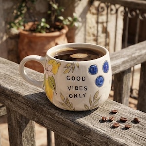 May include: A cream-colored ceramic mug filled with black coffee, featuring hand-painted yellow lemons, green leaves, and three raised blue berries. The text GOOD VIBES ONLY is printed in black on the front. Several roasted coffee beans lie nearby.