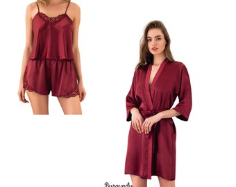 Silky Satin Short-Top-Robe Set for Women: Burgundy, Black, White, Rosie Brown, Red, Champagne, Blush, Dusty Pink, Purple, Latte Cami Set