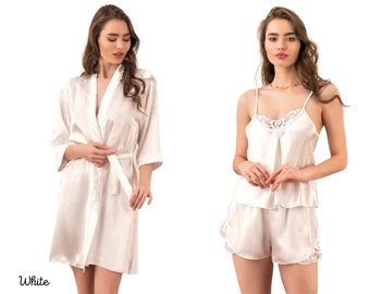 Braut Cami Set, weiße Braut Cami Set, seidiger Satin Elegant und Sexy Pyjama und Robe Set für die Braut: Satin Short-Tank Top-Robe Set für Frauen