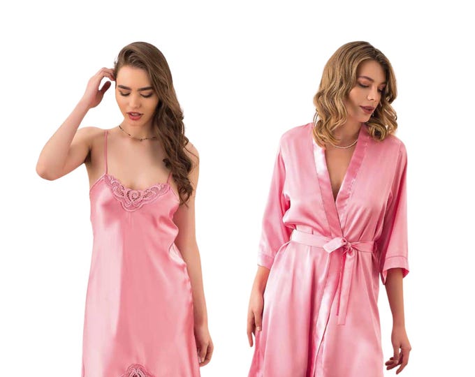 Silky Satin Lace Nightgown & Robe Set for Women, Gift for Her, Wife, Girlfriend, Elegant Premium Satin Set for Women's Loungewear