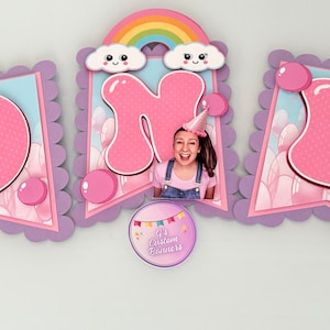 Banderole pour chaise haute Mme Rachel/ chewing-gum/ rose et violet