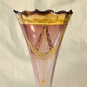 Antique Art Nouveau Purple Glass Bud Vase: Gold Swag Tassel Design