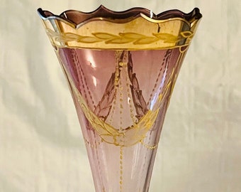 Antique Art Nouveau Purple Glass Bud Vase: Gold Swag Tassel Design