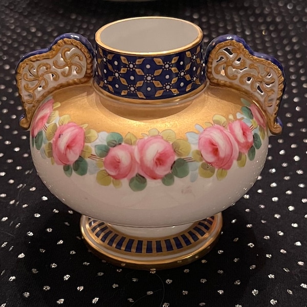 Lovely Antique Hand Painted Royal Crown Derby Porcelain Gold Pink Roses Vase Jar
