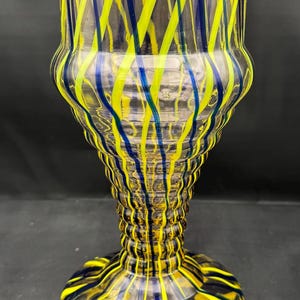 Vintage Czech Art Deco Blue Yellow Swirl Stepped Glass Vase