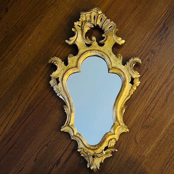 Vintage Hollywood Regency Italian Palladio Giltwood Rococo Wall Mirror & Shelf