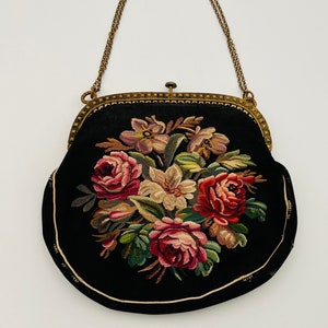 Antique Embroidered Tapestry Red Roses Vintage Evening Purse