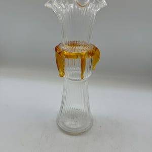 Vintage Czech Bohemian Glass Clear Amber Rigaree Glass Vase
