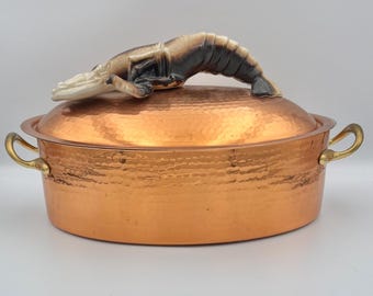 Vintage Italian Hammered Copper Baking Dish Pot Mancioli Lobster Finial