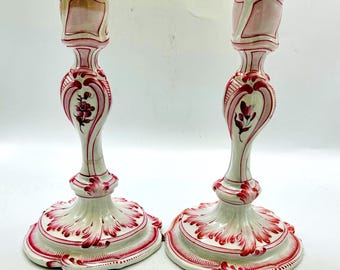 Antique French Faience Candlesticks: Pink & White Porcelain, Chantilly Mark