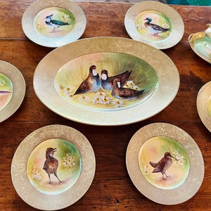 RARE Charles Martin Limoges 8 Piece French Porcelain Game Set Gold Encrusted Exotic birds Platter Gravy Plates