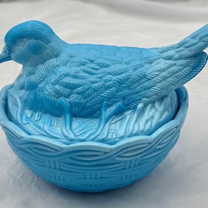 Vintage French Vallerysthal Blue Glass Bird on Nest Candy Dish Jar