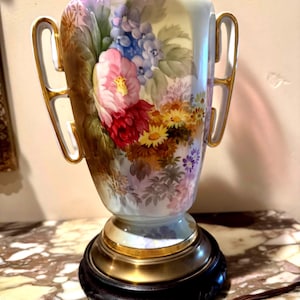 Vintage Handpainted Porcelain Table Lamp: Roses & Peonies, 17&quot;