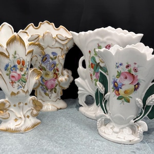 Group 4 Pretty Floral Antique French Old Paris Porcelain Vases