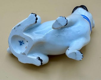 Antique Meissen Porcelain Small 4” Pug Dog W/blue Collar Figurine