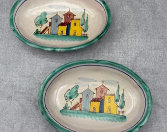 Paar Italienisch Vietri CAS 151 Oval Keramik Schüsseln Dorf Szene
