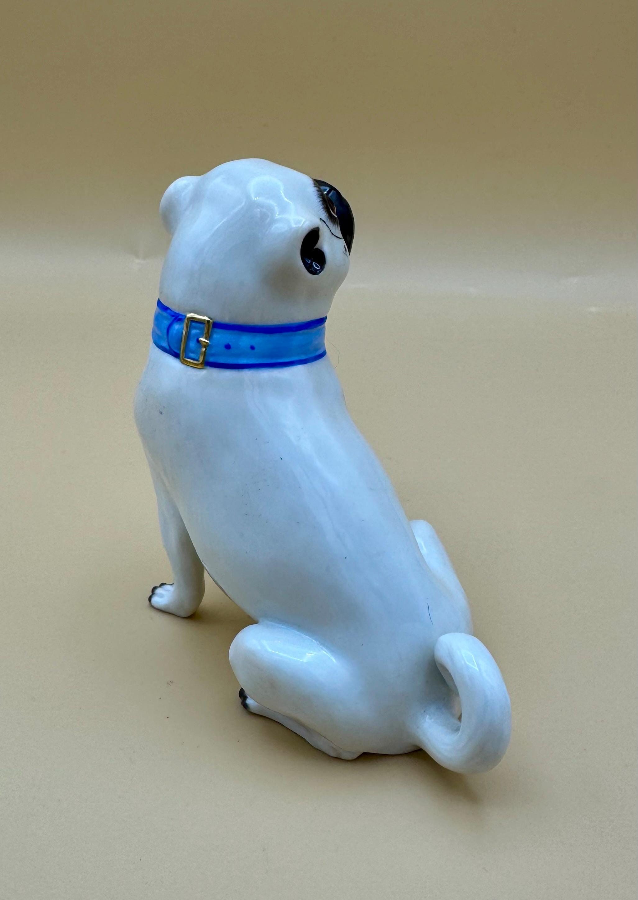 Antique Meissen Porcelain Small 4” Pug Dog W/blue Collar Figurine