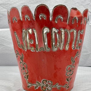 Vintage French Red Painted Cutout Tin Garden Planter Pot
