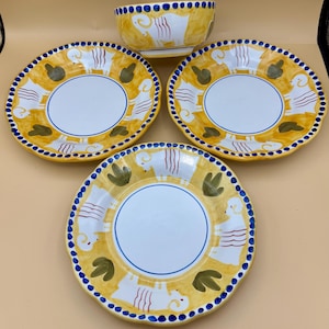 Set 3 Vintage Vietri Solimene Yellow Ceramic HP Ram 8” Plates & 1 Bowl
