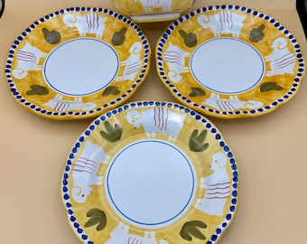 Set 3 Vintage Vietri Solimene Yellow Ceramic HP Ram 8” Plates & 1 Bowl