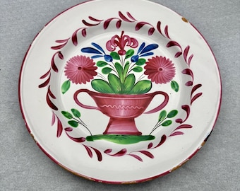 Antique St Clement Pink Flowers in Basket French Faience Plate