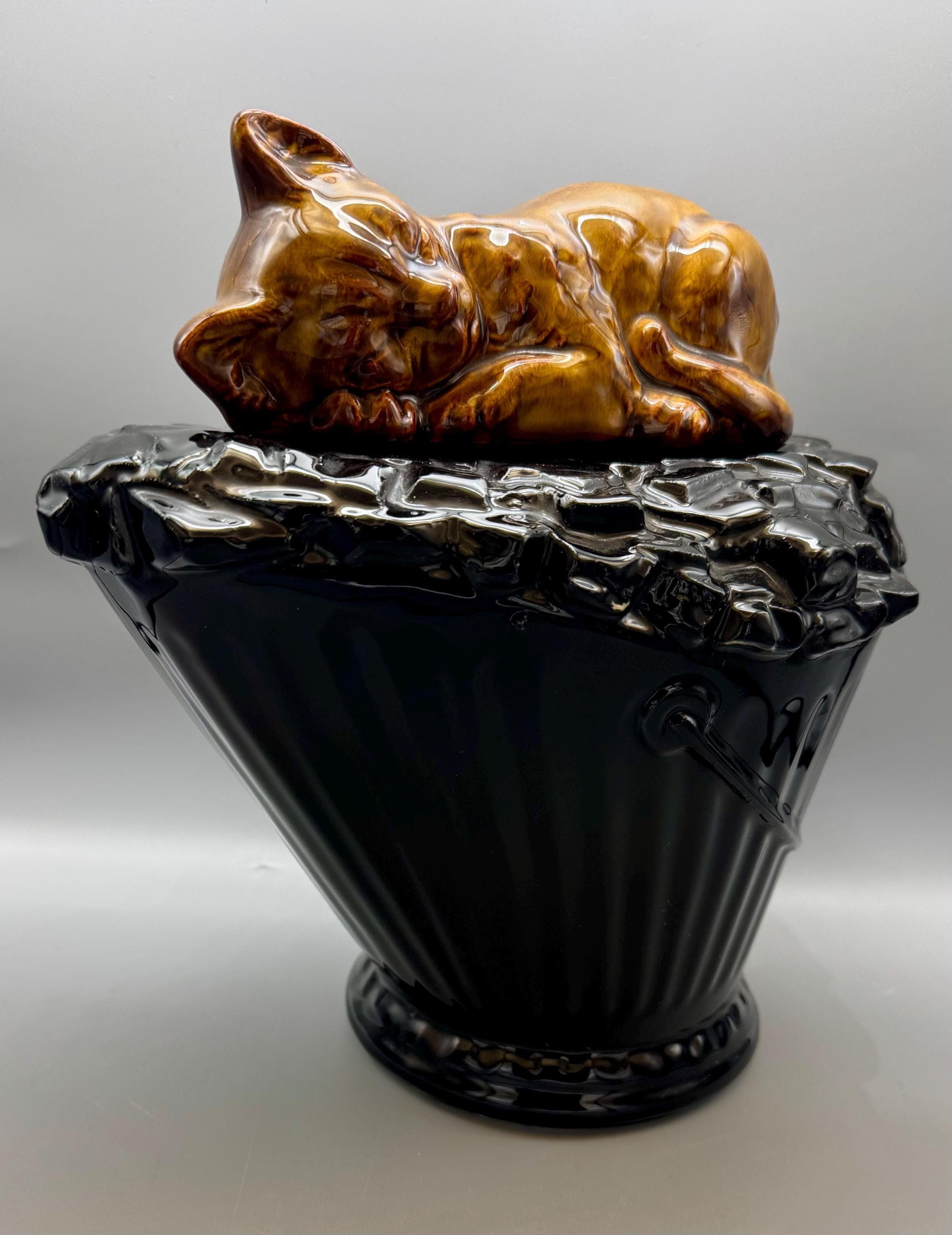 Vintage Mccoy Pottery Sleeping Cat on Black Coal Bucket Cookie Jar