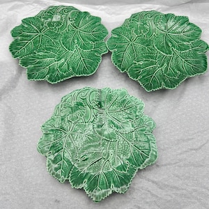 Set 3 Vintage Italian Green Majolica Ceramic Leaf Plates