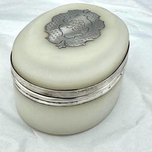 Antique White Opaline Glass Sterling Oval Vanity Trinket Box