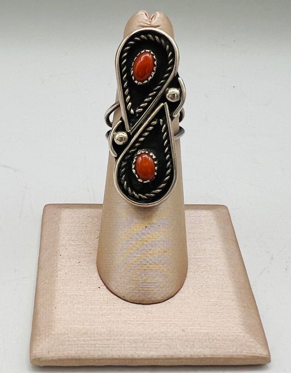 Vintage Native American Silver Coral Woman’s Ring… - image 1