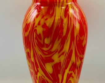 Vintage Czech Art Deco Glass Vase: Red Yellow Swirl, 12”