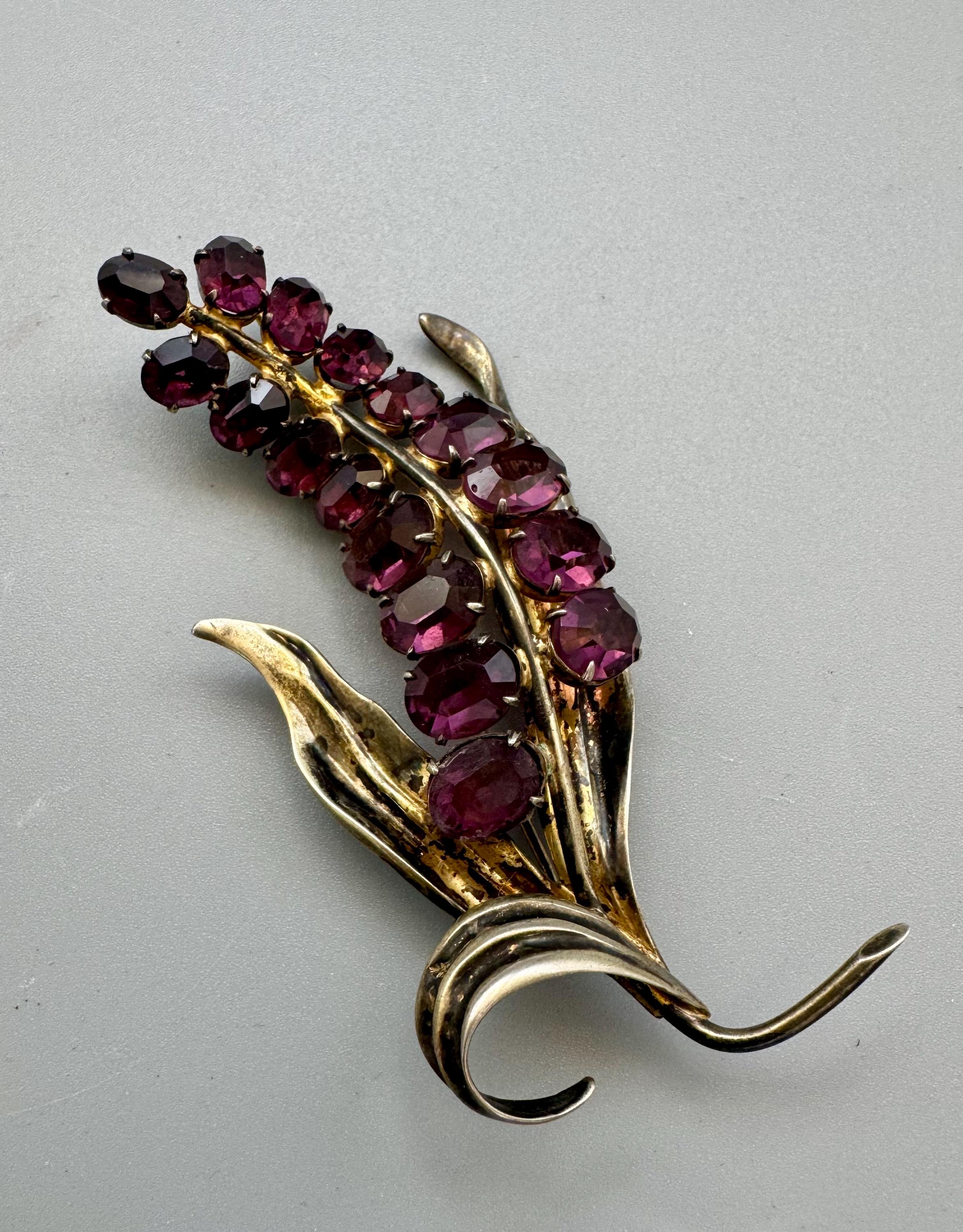 Broche Ancienne Art Déco En Argent Massif Avec Améthyste - Bijou Vintage, Bon état Général, Sans Fêlures