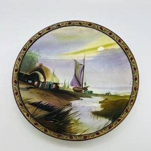 Antique Nippon Handpainted Porcelain Beaded 10” Plaque Wall Plate Asian Scene