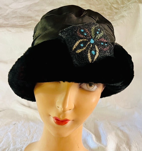 Unusual Antique Edwardian Black Silk Fur Beaded H… - image 1