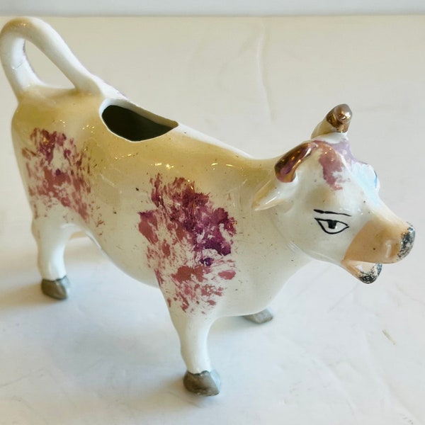 Antique English Pink Luster Staffordshire Porcelain Cow Creamer