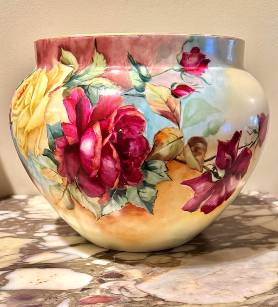 Antique Limoges Hand Painted Roses Large Porcelain Jardiniere Bowl
