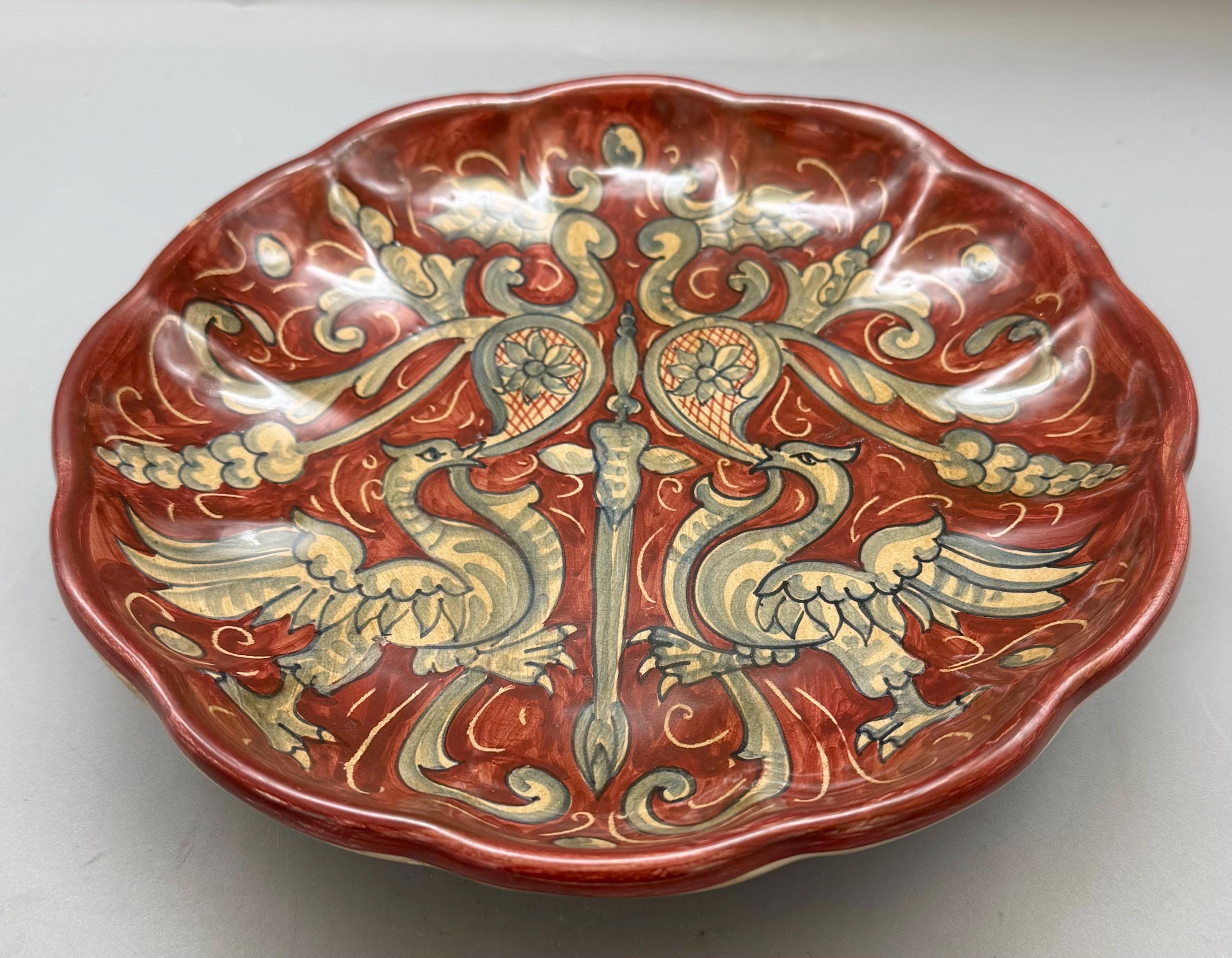 花瓶 　Baffni GuBBio　イタリア Lovely Vintage Hand Painted Exotic Birds Baffoni Gubbio Plate