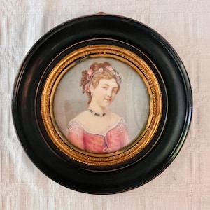 Antique Georgian Handpainted Portrait: Pretty French Girl in Wood Frame