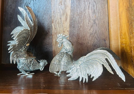 Par de esculturas de gallos de pelea de bronce con placa de plata antigua grande Etsy Mexico