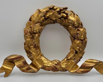 Antique French Neoclassical Wreath Gold Leaf Giltwood Decor