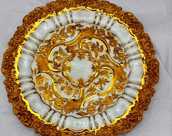 Antique Meissen Gilt Porcelain Embossed Leaf Cabinet Plate Charger
