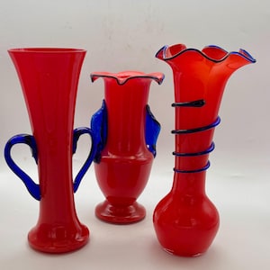 3 Vintage Czech Art Deco Red Blue Fancy Bohemian Glass Vases