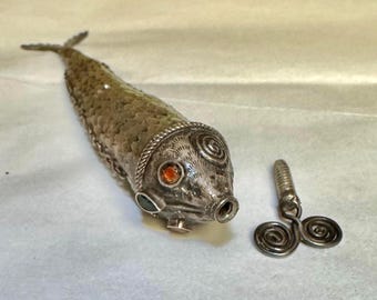 Antique Articulated 6”  Fish Vinaigrette Scent Bottle Glass Eyes