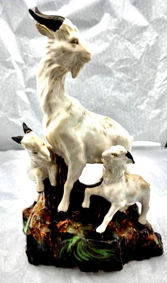 Vintage Chinese 3 Goats on Rocks Majolica Pottery Large Statue